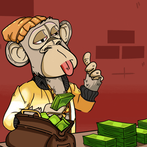 a cartoon of a monkey holding a purse full of money