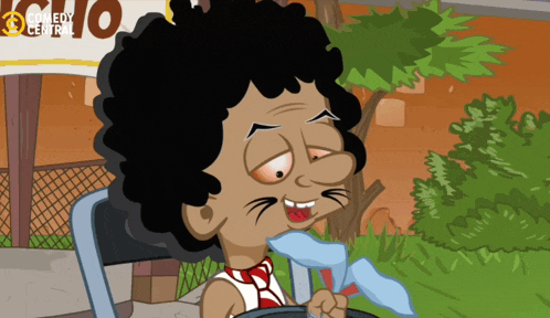 a cartoon character is driving a car in front of a sign that says " comedy central "