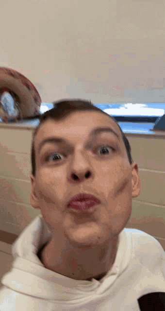 a man in a white hoodie making a funny face