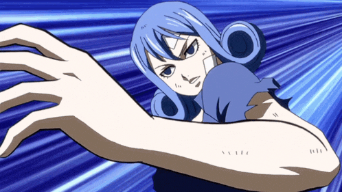 a cartoon of a girl with blue hair reaching out