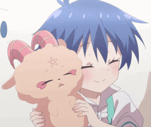 a boy with blue hair is hugging a stuffed animal with horns