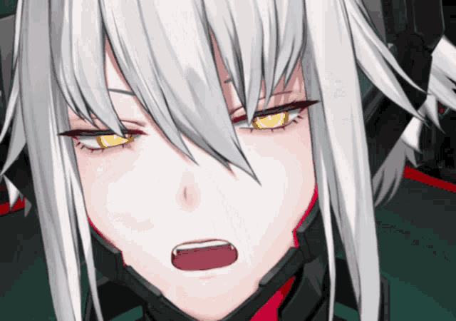 a close up of a girl with gray hair and yellow eyes making a funny face