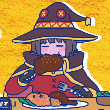 a cartoon drawing of a girl wearing a witch hat eating a piece of meat