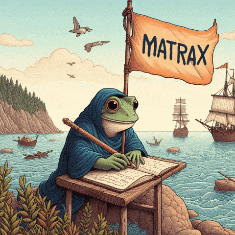 a frog sits at a desk with a flag that says matrax