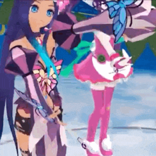 a couple of anime girls are standing next to each other on a snowy surface .