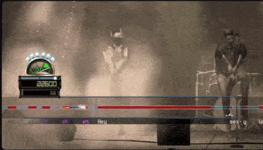 a video game screen shows a man singing into a microphone