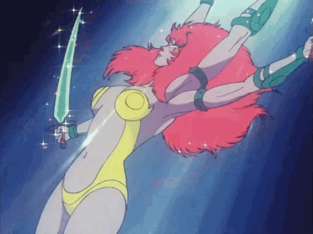 a woman with pink hair is holding a sword in her hand