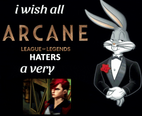 a poster for arcane league of legends with bugs bunny in a tuxedo