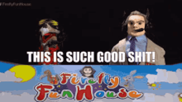 a firefly funhouse poster with a man and a puppet