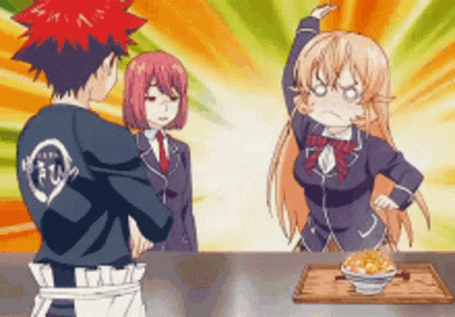 a group of anime characters standing around a table with a bowl of food .