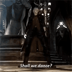 a video game character says shall we dance in a dark room
