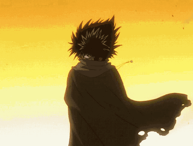 a cartoon character with a cape on stands in front of a yellow background