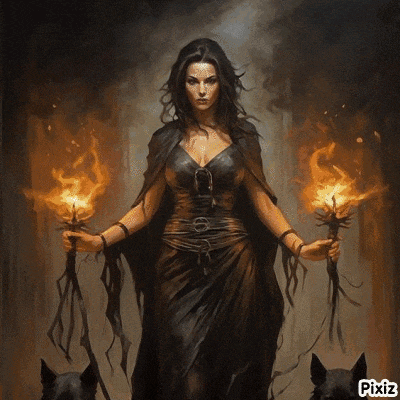 a woman in a black dress is holding two torches in her hands while standing next to two dogs .