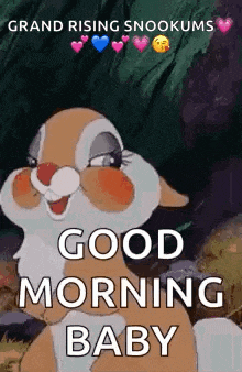 a cartoon bunny is sitting in the woods and says `` good morning baby '' .