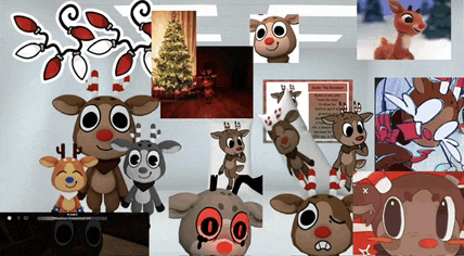 a collage of pictures of a reindeer with a christmas tree behind it