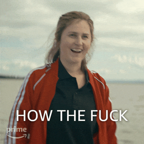 a woman in a red jacket is smiling with the words how the fuck above her