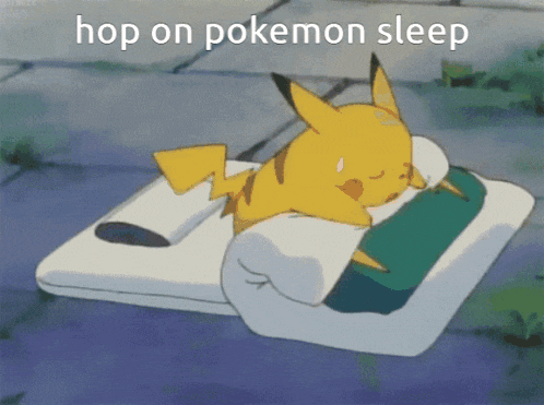 a pikachu laying on a mattress with the words hop on pokemon sleep above it