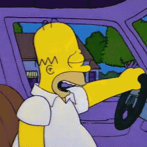 homer simpson from the simpsons is driving a purple car and yawning