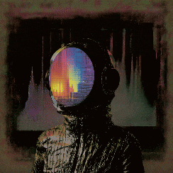 a person wearing headphones and a helmet with a city reflection on it