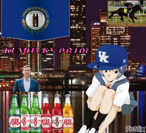 a girl in a kentucky pride hat sits in front of bottles