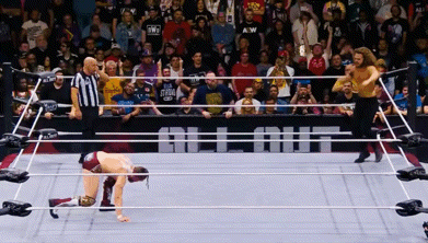 two wrestlers in a wrestling ring with the word all out behind them
