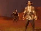 a man in a cowboy hat is dancing in a field with a tent in the background .