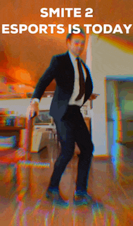 a man in a suit and tie is dancing with the words " smite 2 esports is today "