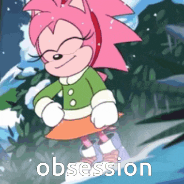 a cartoon of amy the hedgehog with the word obsession in the corner