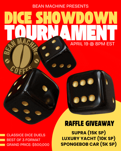 bean machine presents a dice showdown tournament on april 19 at 8pm est