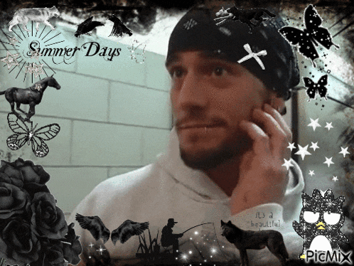 a man wearing a bandana with a cross on it and the words summer days