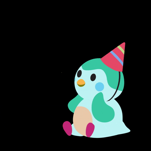 a penguin wearing a party hat is looking at fireworks