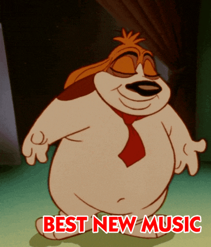 a cartoon dog wearing a red tie with the words best new music above him