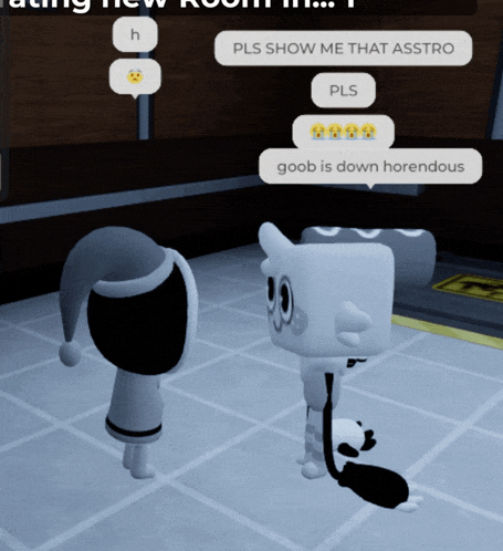 two cartoon characters are talking to each other and one of them says goob is down horrendous