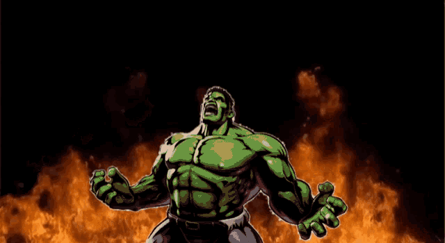 a cartoon of the hulk standing in front of a fire