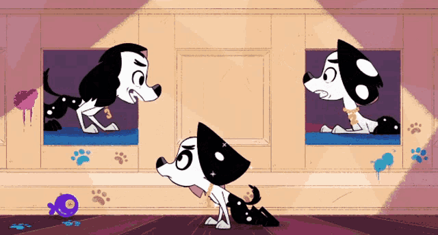 three dalmatian dogs are looking out of a window in a pink room