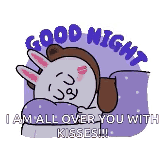 a cartoon of a rabbit with a kiss on its face and the words `` good night i am all over you with kisses ''