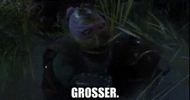 a close up of a person standing in the grass with the words `` grosser '' written on the screen .