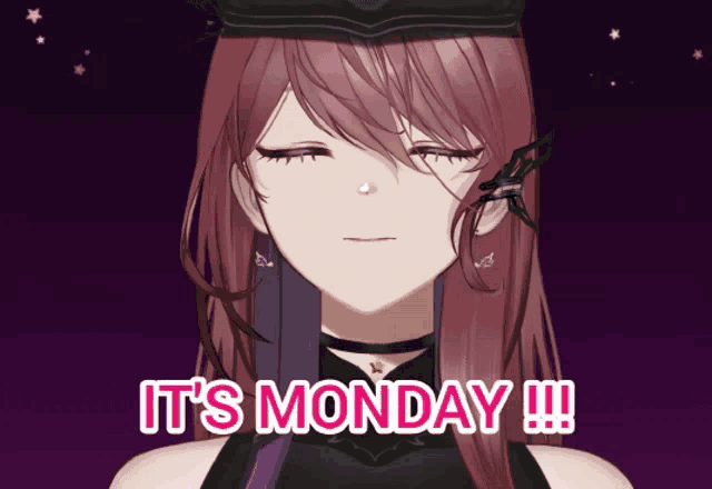 a purple haired anime girl with the words it 's monday written below her