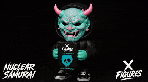 a nuclear samurai figure is holding a box
