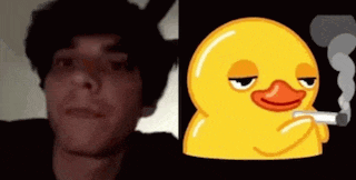 a man is smoking a cigarette next to a rubber duck with a cigarette in its mouth .