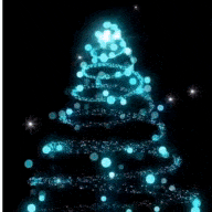 a christmas tree made of blue lights on a black background with the words `` we w '' written above it .