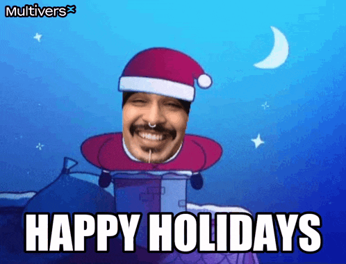 a cartoon of a man wearing a santa hat with the words happy holidays below him