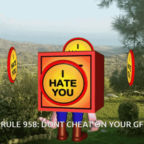 a cartoon character with a box on his head that says ' i hate you '