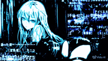 a girl with long hair is surrounded by foreign writing and a watermark that says ' vidu ai '