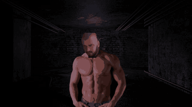a man without a shirt is standing in a dark room with his hands on his hips