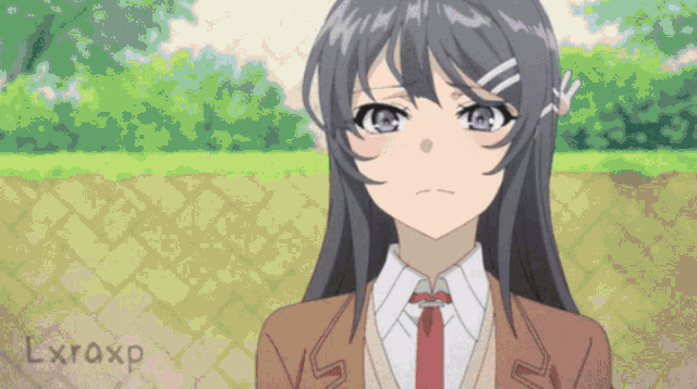 a girl in a suit and tie with the name lxraxp written on the bottom