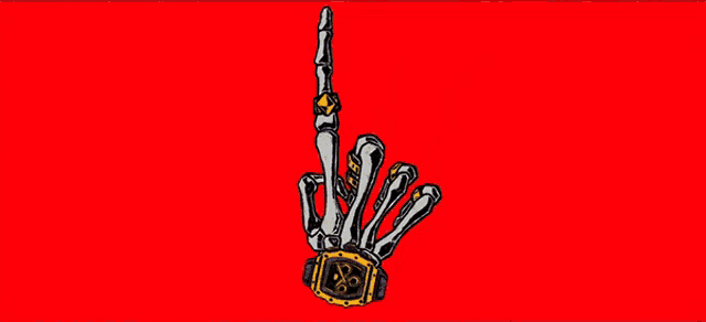 a drawing of a skeleton hand with a ring on it