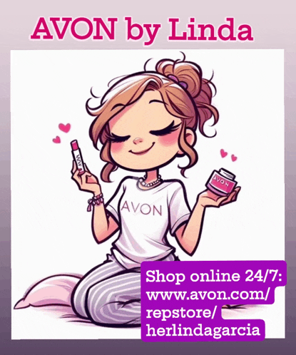 a poster for avon by linda shows a girl holding a lipstick and a nail polish