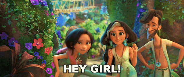 a group of cartoon characters standing next to each other with the words hey girl in the corner