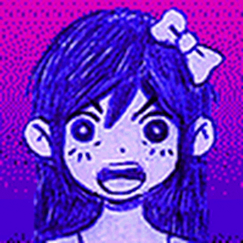 a cartoon girl with blue hair and a bow in her hair is smiling .